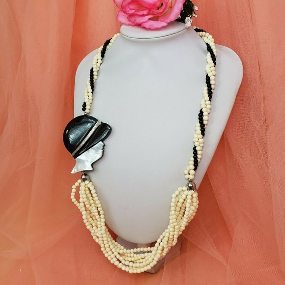 Mother of Pearl & Bone Bead Statement Necklace Black White Multi Strand Necklace - Picture 4 of 12